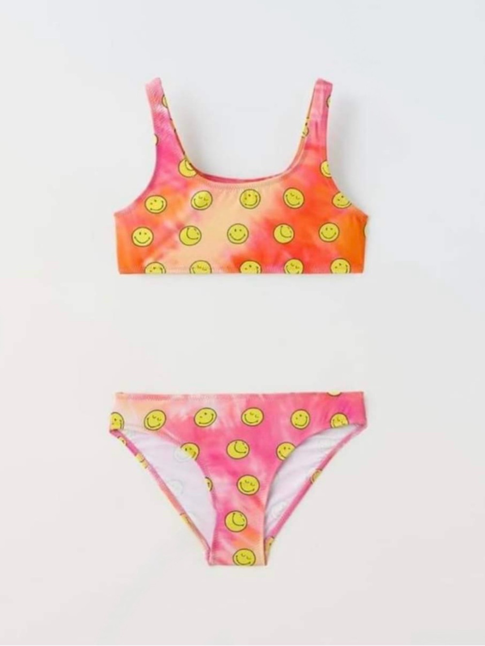 New ZARA Kids Girls Pink Orange Smiley Tie-Dye 2 Piece Swimsuit Bikini